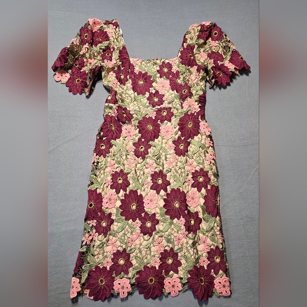 Just Me Burgundy and Pink Floral Midi Dress New In Poly Bag Large PTP 19 - Picture 2 of 6
